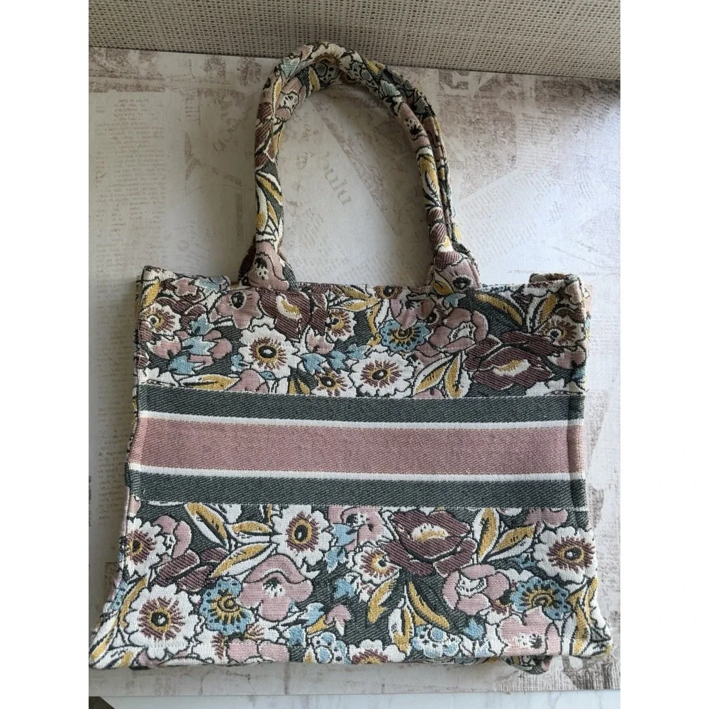 Nalini Floral Tapestry Canvas Stripe Square Tote Bohemian Grandmacore